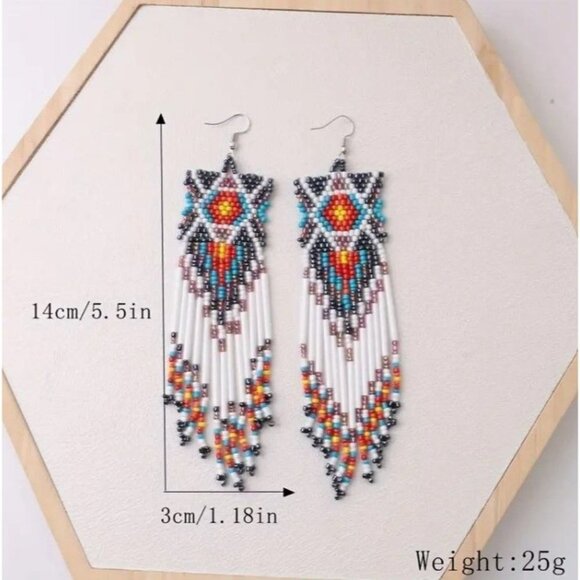 Handmade Long Beaded Tassel Earrings Large Native Bohemian - Picture 3 of 4
